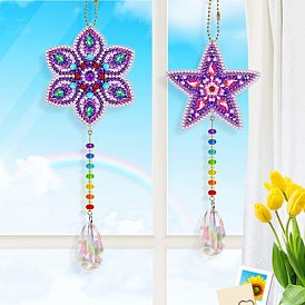 DIY Flower & Star Sun Catcher Keychain Diamond Painting Kits, including Acrylic Pendant, Diamond, Diamond Drill Tool, Ball Chain, Swivel Clasp