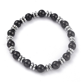 Electroplate Magnetic Synthetic Hematite Beaded Bracelets, Round & Flat Round, Black