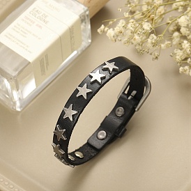 Leather Cord Bracelets, Alloy Star Stud Bracelet with Adjustable Buckle