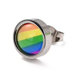 SHEGRACE Rainbow Pride Earrings, Flat Round with Stripe Titanium Steel Stud Earrings for Men Women