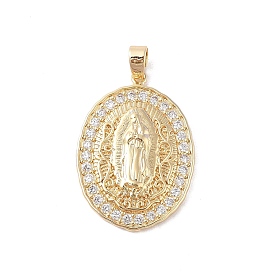 Brass Cubic Zirconia Pendants, Long-Lasting Plated, Oval with Holy Virgin Charms, Golden