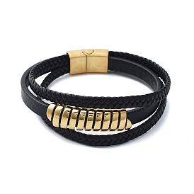 Men's Black PU Leather Cord Multi-Strand Bracelets, Spring Shaped 304 Stainless Steel Link Bracelets with Magnetic Clasps