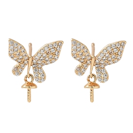 Rack Plating Brass Micro Pave Cubic Zirconia Studs Earring Findings, Long-Lasting Plated, Lead Free & Cadmium Free, Butterfly