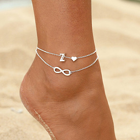 Браслеты на лодыжку из сплава с подвеской в виде сердца-бесконечности и инициалом, двухслойные, женские., платина