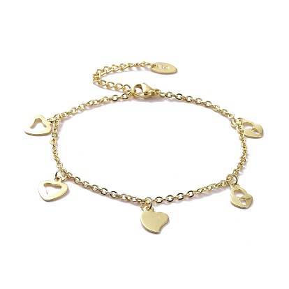 201 Stainless Steel Heart & Padlock Charms Bracelet with 304 Stainless Steel Chains for Women