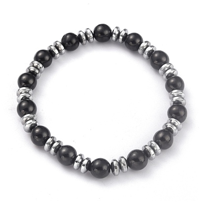 Electroplate Magnetic Synthetic Hematite Beaded Bracelets, Round & Flat Round, Black