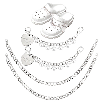 4Pcs 2 Style Iron Shoe Chain, with Alloy Clasp & Heart Pendant and ABS Beads
