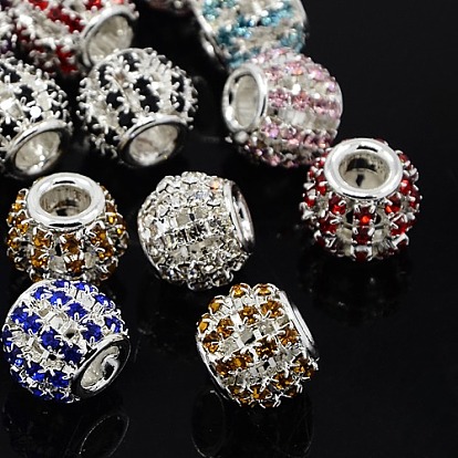 Brass Rhinestone European Beads, Large Hole Beads, Rondelle, Silver Color Plated, 12x10mm, Hole: 4mm