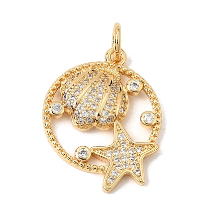 Pendentifs en laiton zircon cubique transparent, rond avec des breloques en forme d'étoile de mer et de coquillage, sans cadmium et sans plomb et sans nickel