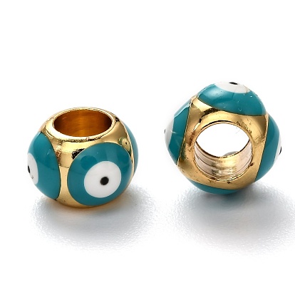 Brass European Enamel Beads, Long-Lasting Plated, Real 18K Gold Plated, Large Hole Beads, Round with Evil Eye