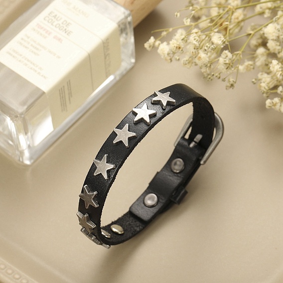 Leather Cord Bracelets, Alloy Star Stud Bracelet with Adjustable Buckle