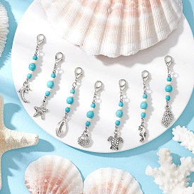 Подвесные украшения из сплава в тибетском стиле в стиле океана, с синтетическими бирюзовых бусин и когтя омара застежками