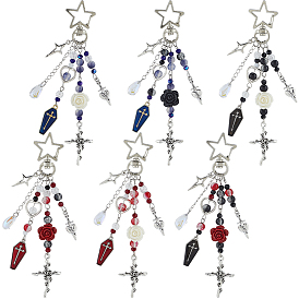 6шт. стеклянная и эмалевая подвеска с отделкой из сплава, с поворотными застежками из звездчатого сплава, гроб и крест и роза