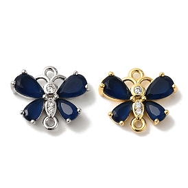 Rack Plating Brass Pave Clear Cubic Zirconia Butterfly Links Connector Charms, with Midnight Blue Glass, Cadmium Free & Lead Free, Long-Lasting Plated