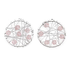 Pendentifs en acier inoxydable, avec des perles de verre roses à facettes, fil enroulé, plat rond