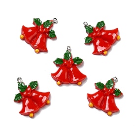 Opaque Resin Pendants, with Platinum Tone Iron Loops, Christmas Bell