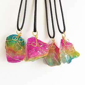 Natural Irregular Stone Pendant Necklace with Colorful Crystal and Wire Wrap