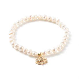 Brass Micro Pave Clear Cubic Zirconia Stretch Charm Bracelets, with Round Natural Pearl Beads, Lotus, White