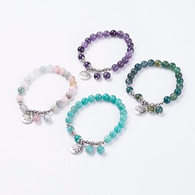 Bracelets de charme de pierre naturelle, bracelets extensibles perlés, avec les accessoires en alliage, plat rond de lotus, argent antique
