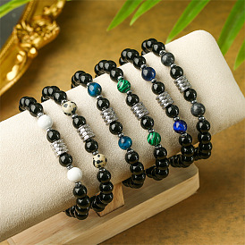 Stainless Steel Obsidian Black Bead Bracelet for Men and Women with Natural Stone