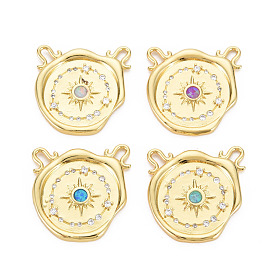Brass Clear Cubic Zirconia Links Connectors, with Natural Opal, Real 18K Gold Plated, Flower, Nickel Free