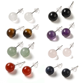 Gemstone Stud Earrings, with Alloy Pins, Round