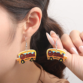 Printed Acrylic Dangle Earrings, Car with Word Go School
