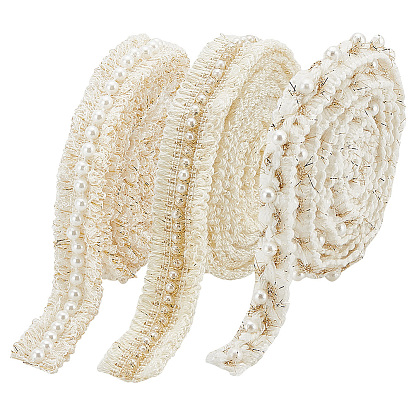 3шт. 3 стили полиэстеровые плетеные кружевные ленты, с пластиковой имитационной жемчужиной, аксессуары для одежды