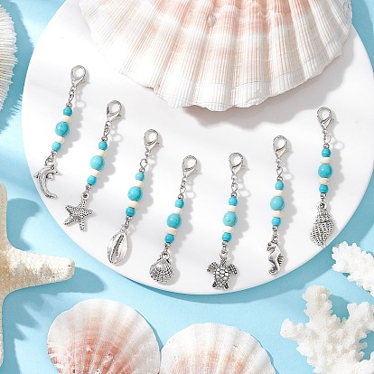 Подвесные украшения из сплава в тибетском стиле в стиле океана, с синтетическими бирюзовых бусин и когтя омара застежками