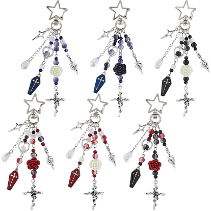 6шт. стеклянная и эмалевая подвеска с отделкой из сплава, с поворотными застежками из звездчатого сплава, гроб и крест и роза