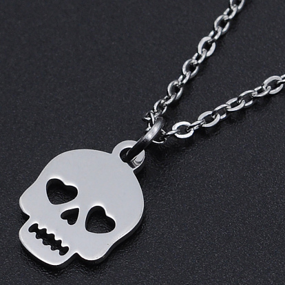 For Halloween, 201 Stainless Steel Pendant Necklaces, with Cable Chains and Lobster Claw Clasps, Skull