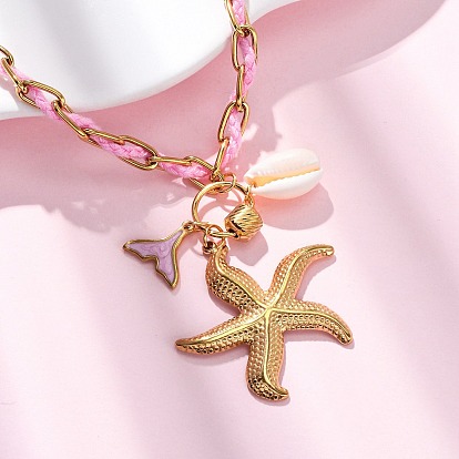 Ожерелья с подвесками в форме морской звезды и хвоста русалки 304 из нержавеющей стали с эмалью, с веревкой и ракушкой, ионное покрытие (ip)