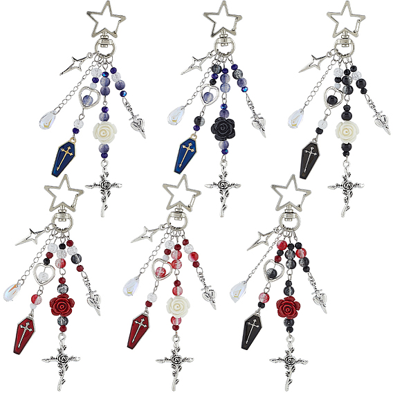 6шт. стеклянная и эмалевая подвеска с отделкой из сплава, с поворотными застежками из звездчатого сплава, гроб и крест и роза