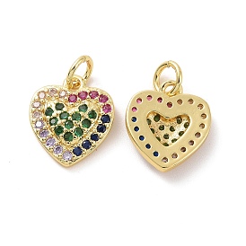 Brass Micro Pave Colorful Cubic Zirconia Charms, with Jump Ring, Heart Charm