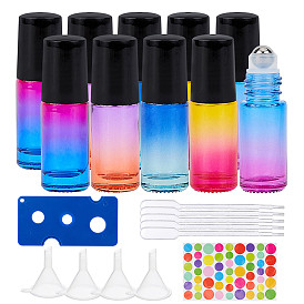 DIY Essential Oil Bottle Kit, with Glass Gradient Color Empty Perfume, Rainbow Color Stickers, Plastic Funnel Hopper & Dropper & Bottle Openers