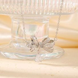 Fashionable Brass Rhinestone Bowknot & Teardrop Pendant Necklaces for Women