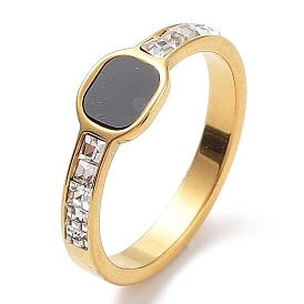 Black Enamel Rectangle Finger Ring with Rhinestone, Ion Plating(IP) 304 Stainless Steel Ring