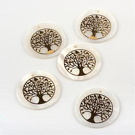Pendientes de concha de mar, con el patrón de árbol, plano y redondo, 25~25.5x1.5~2 mm, agujero: 1.5 mm