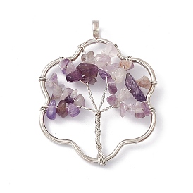 Flower Natural Amethyst Copper Wire Wrapped Chip Big Pendants, Tree of Life Charm, with Platinum Tone Iron Findings