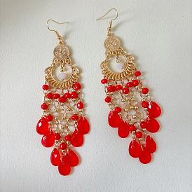 Серьги-люстры из акрила и сплава, слеза, золотые