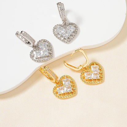 Элегантные полые серьги-кольца в форме сердца из латуни с прозрачным кубическим цирконием