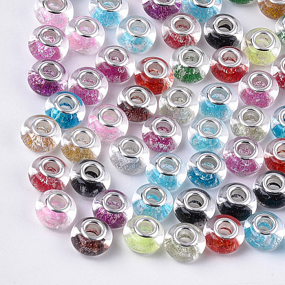 Resin European Beads, Large Hole Beads, with Glitter Powder and Platinum Tone Brass Double Cores, Rondelle