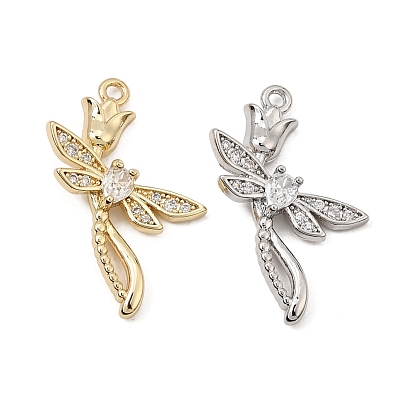 Brass Micro Pave Clear Cubic Zirconia Pendants, Dragonfly & Flower Charms