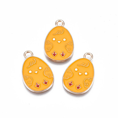 Alloy Enamel Pendants, Light Gold, Cadmium Free & Lead Free, Easter Egg Shape with Chick