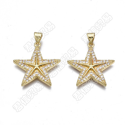 5Pcs Brass Micro Pave  Clear Cubic Zirconia Pendants, Nickel free, Star