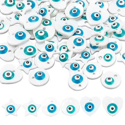 60Pcs 6 Style Natural Freshwater Shell Charms, with Enamel, Star & Heart & Flat Round