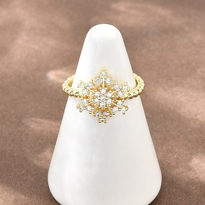 Brass Micro Pave Cubic Zirconia Cuff Open Rings, Snowflake, Lead Free & Cadmium Free, Long-Lasting Plated, Rack Plating