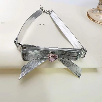 Cool Leather Choker Necklace with Silver Rhinestone Butterfly Bow - Trendy