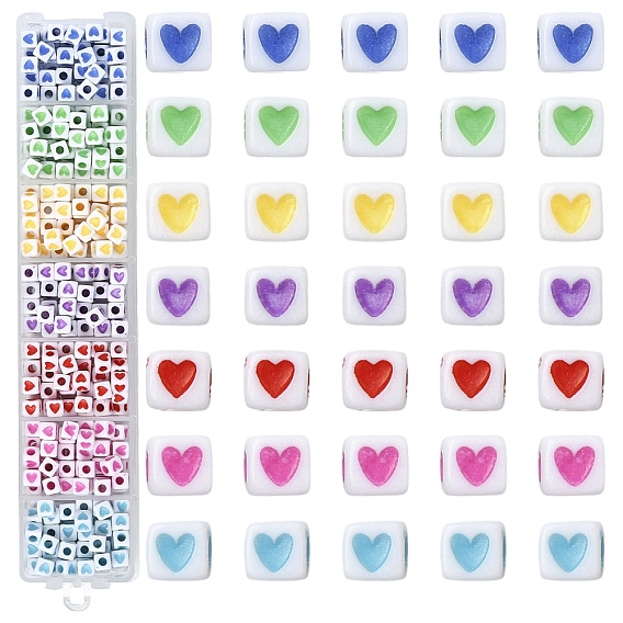 399 шт 7 цвета непрозрачные акриловые бусины, Куб с сердцем