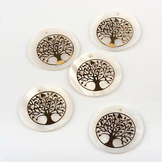 Sea Shell Pendants, with Tree Pattern, Flat Round, 25~25.5x1.5~2mm, Hole: 1.5mm